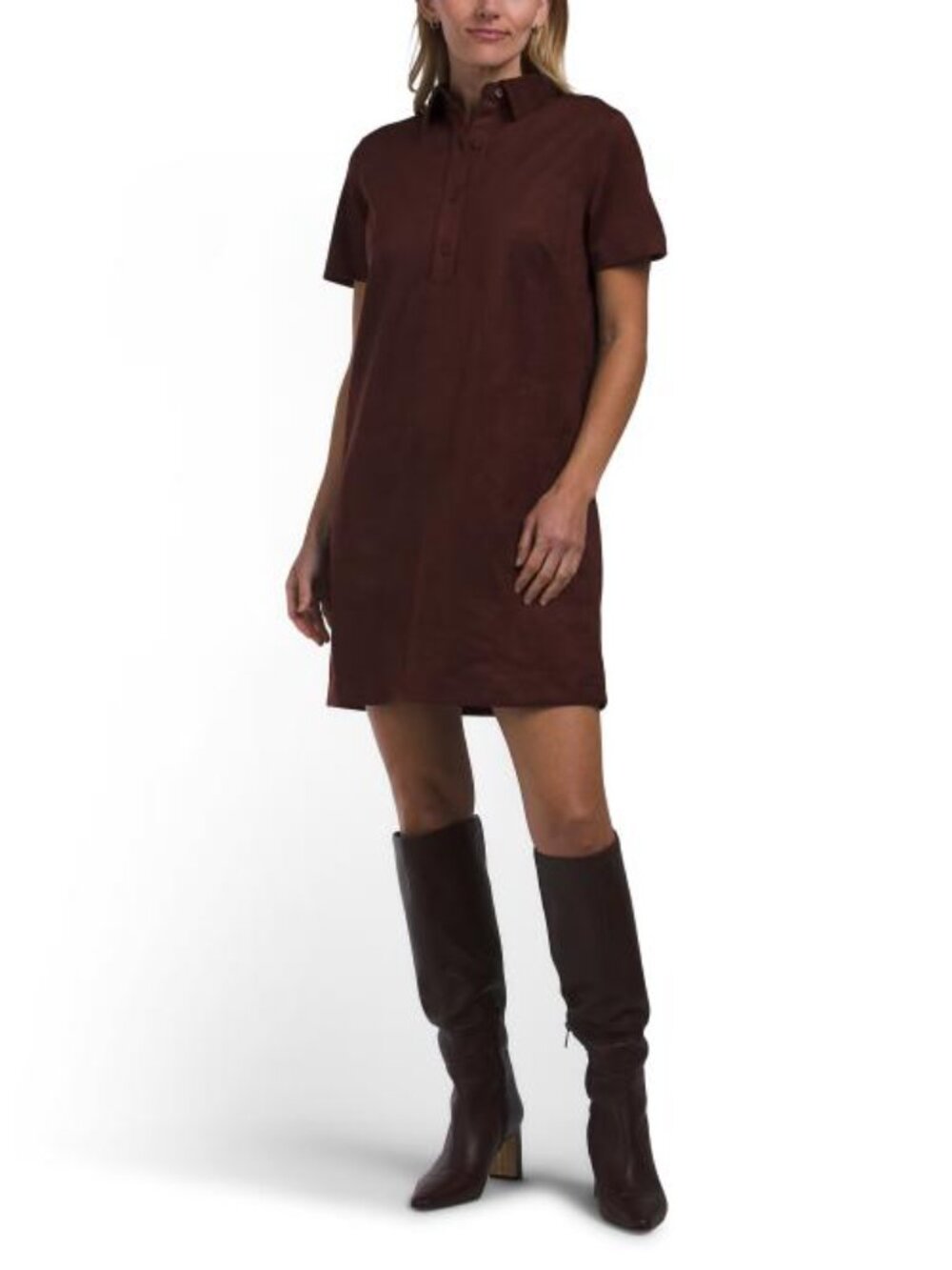 MAX STUDIO LONDON Short Sleeve Faux Suede Collared Mini Dress